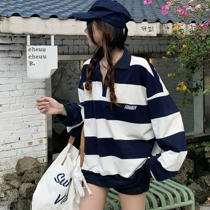 aililai1688 เสื้อยืดแขนยาวลายทาง ตัวผ้าทำจากวัสดุมีคุณภาพเนื้อผ้าใส๋สบายไม่หนาไม่บางมากเกินไป