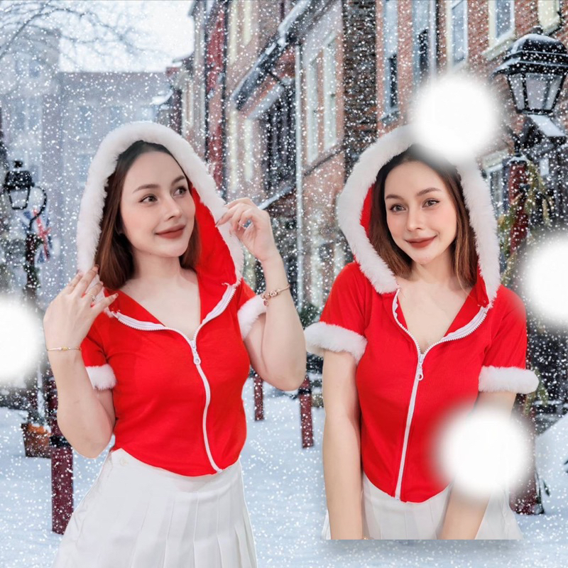 เสื้อแขนสั้น มีฮู้ดแต่งขนแกะ ซิปหน้า