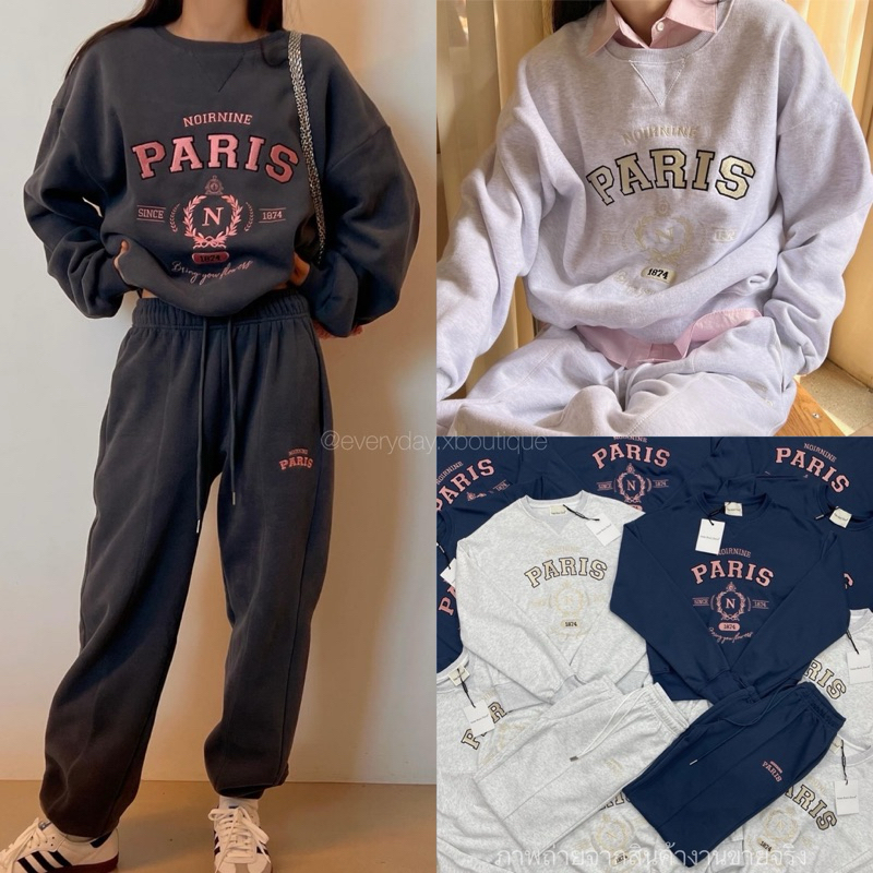 PARIS sporty set (550฿) ชุดเซ็ทสปอร์ตสุดคิ้วท์ งานชนช็อปเกาหลีเลยค่า เสื้อสเวตเตอร์คอกลมแขนยาว กางเกงวอร์มขาจั๊ม valen