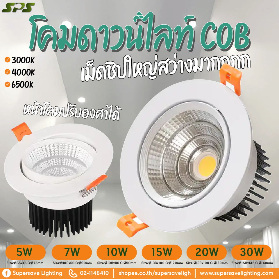 โคมไฟฝังฝ้า Downlight LED CoB 5w 7w 10w 15W 20w 30w 3000K 4000K 6500K หน้าโคมปรับองศาได้