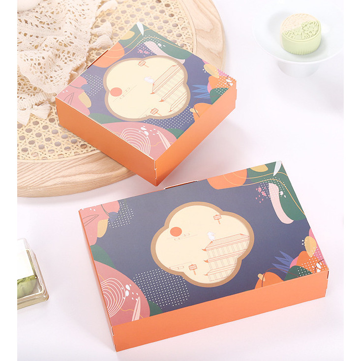 กล่องขนม กล่องคุ๊กกี้ กล่องของขวัญ ขนมเปี๊ยะ แบ่งช่อง 4 ช่อง 6 ช่อง (ส้มน้ำเงิน)(MOON55)