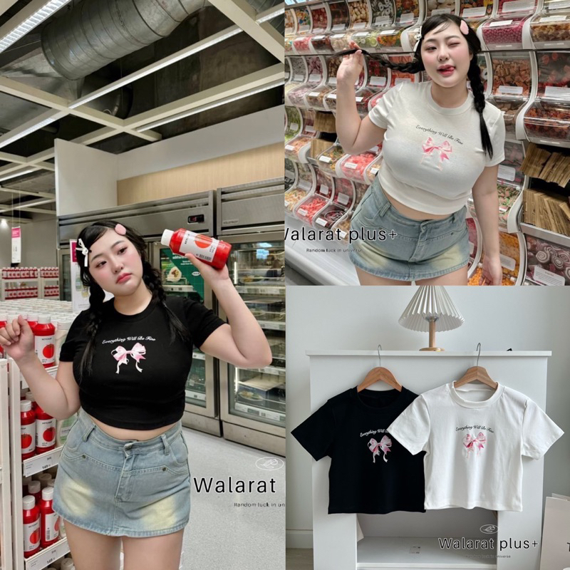 เสื้อครอป สกรีนลายโบว์ น่ารัก socute มาก แมทซ์ง่าย เสื้อผ้าสาวอวบอ้วน พลัสไซส์ ไซส์ใหญ่