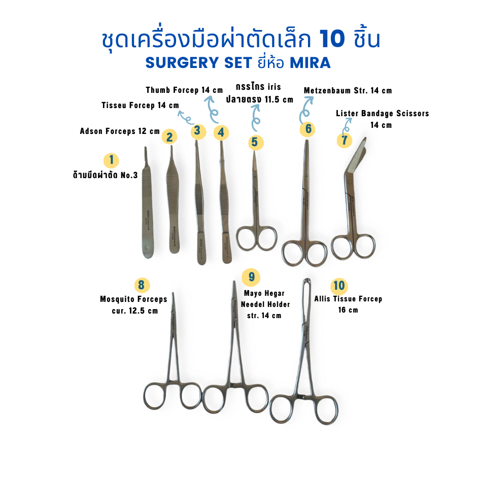 ชุดเครื่องมือผ่าตัดเล็ก 10 ชิ้น ยี่ห้อ MIRA  (Surgery set ยี่ห้อ MIRA)