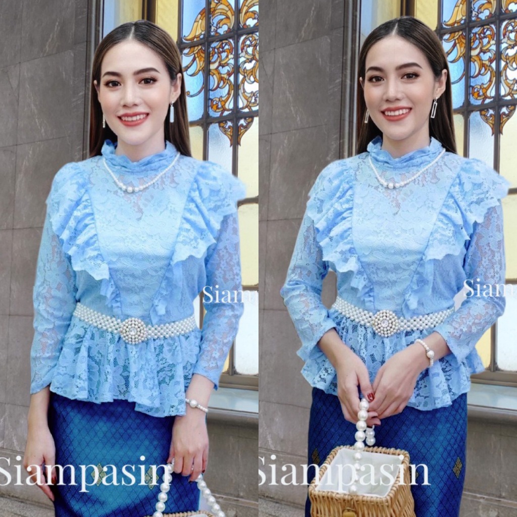 Siampasin🌸 เสื้อลูกไม้ ประยุกต์ ผ้านุ่ม อก 32-36, 34-38, 38-40, 40-42, 42-46 นิ้ว สีฟ้า เสื้อวันแม่ 