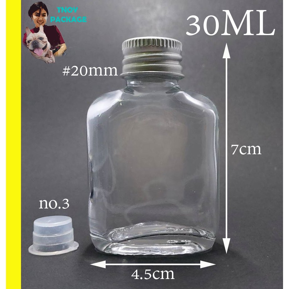 ขวด 30 มล. (25ใบ) ขวดแบน 30ml ขวดแก้วใส 30cc จุกปิดno.3+ฝา