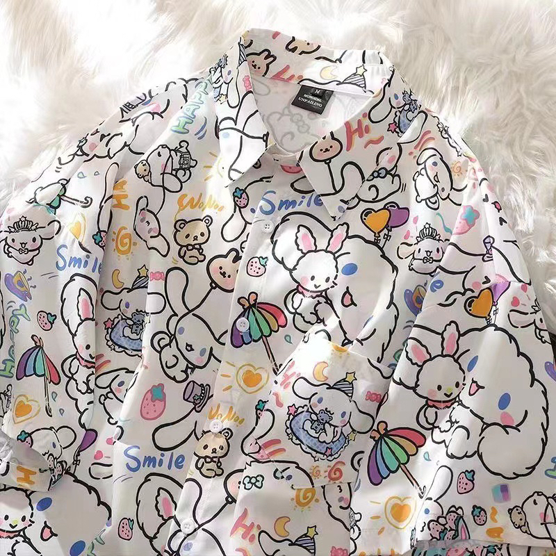 เสื้อเชิ้ตแขนสั้นลายการ์ตูนน่ารักๆเสื้อผ้าผู้หญิงแฟชั่นมาใหม่สไตล์เกาหลี