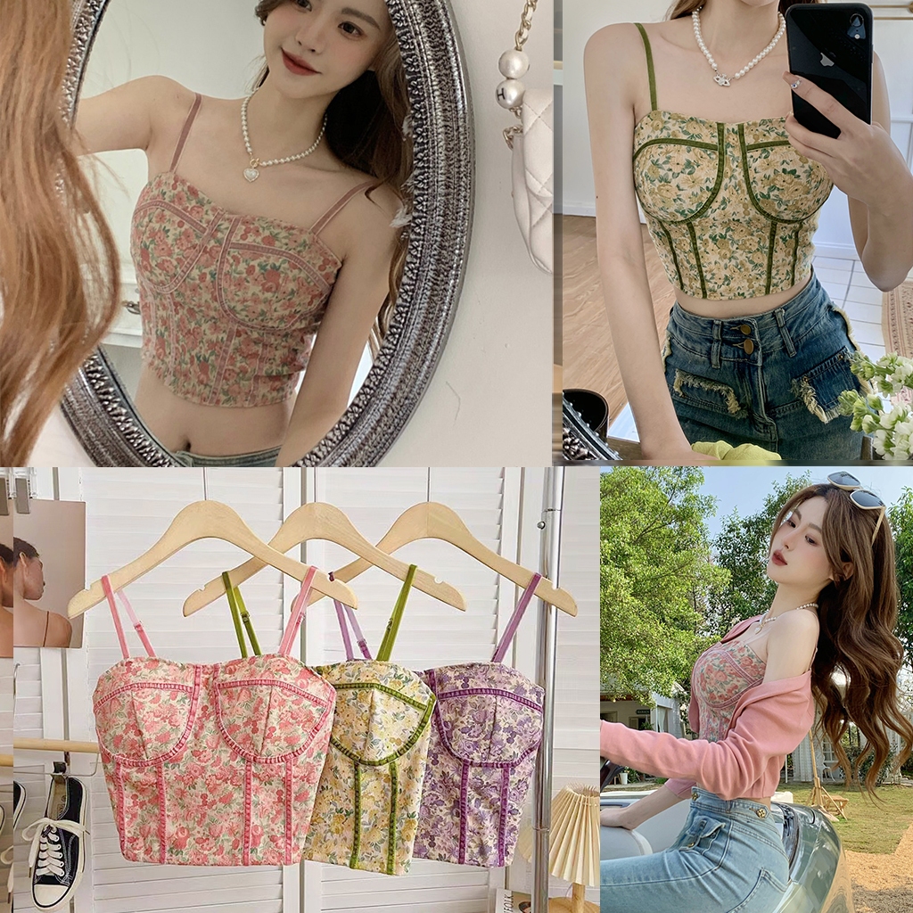 เสื้อลายดอก สายเดี่ยว ลายลูกไม้สายปรับๆได้ แต่งตัดขอบทรงสวยปังสุดๆ มีฟองน้ำ อก32-36งานป้าย