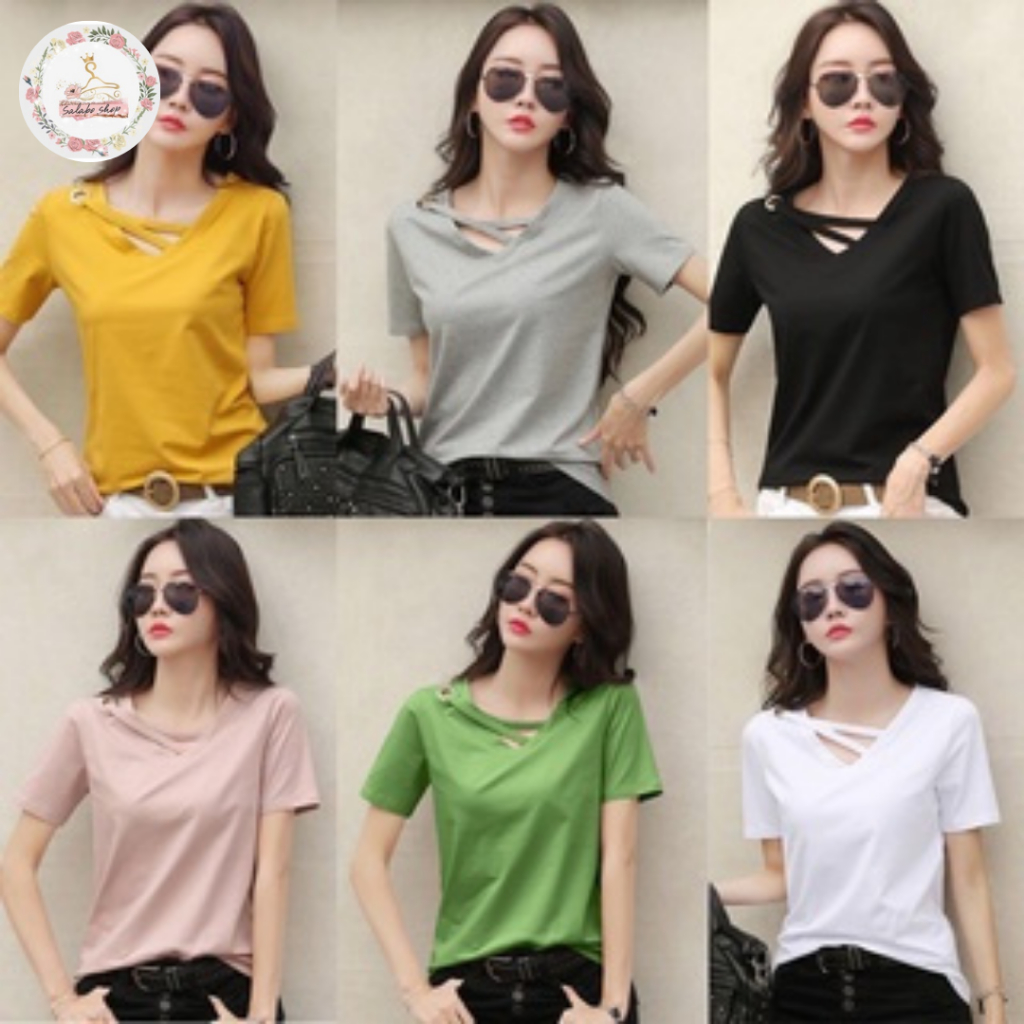 SALABO(พร้อมส่ง)เสื้อยืดคอวี ผ้านุ่ม มีไขว้ที่คอแต่งเก๋ๆ สไตล์เกาหลี #E01