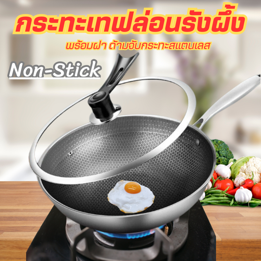 กระทะเทฟล่อนเนื้อผิวรังผึ้ง พร้อมฝาปิด 32CM สินค้าพร้อมส่งแพ็คเก็ตกล่อง