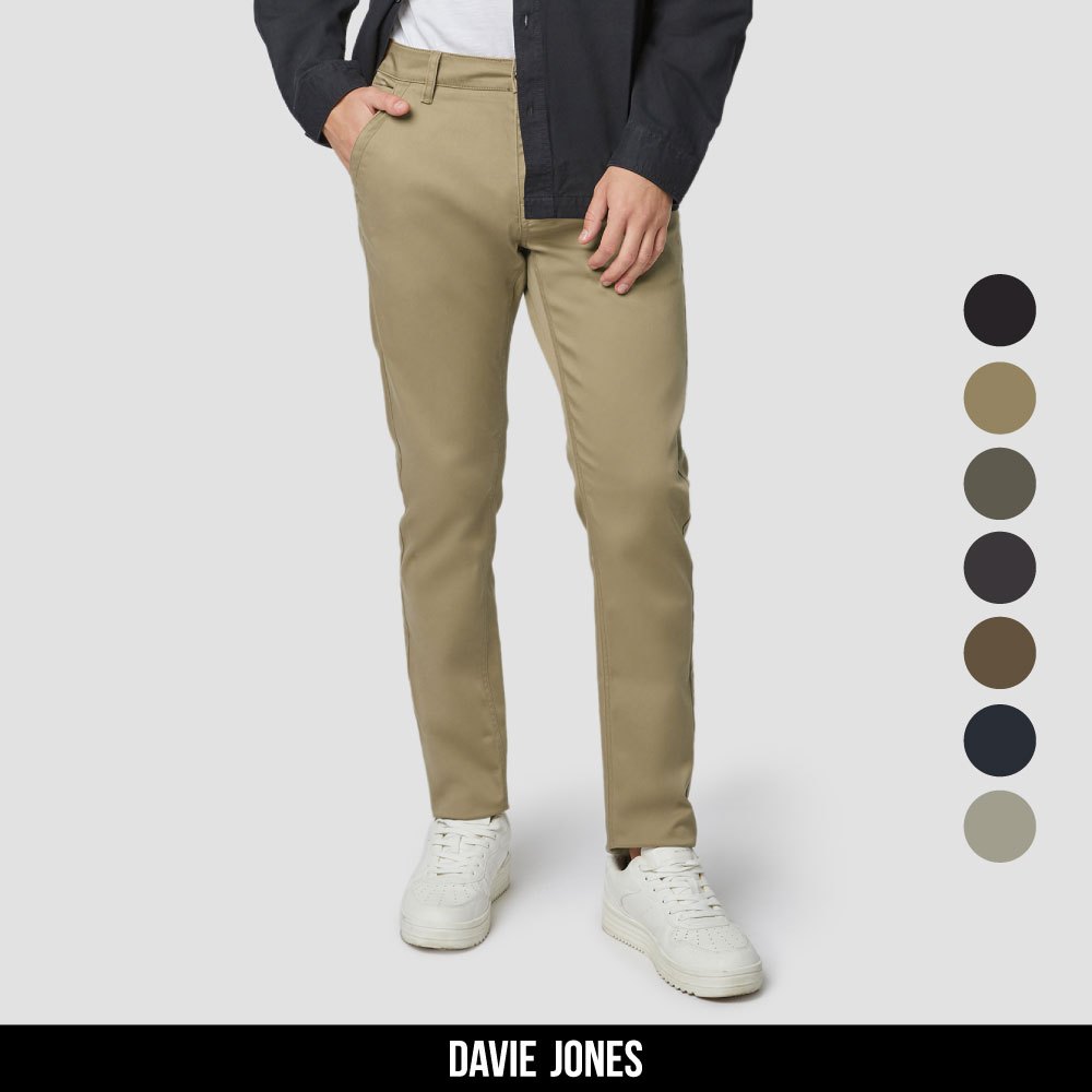 DAVIE JONES กางเกง เอวกระดุม ชิโน Chino Slim Tapered Fit Cropped Pants PL0001 สีดำ ทอง เขียว เทา น้ำตาล กรม กากี