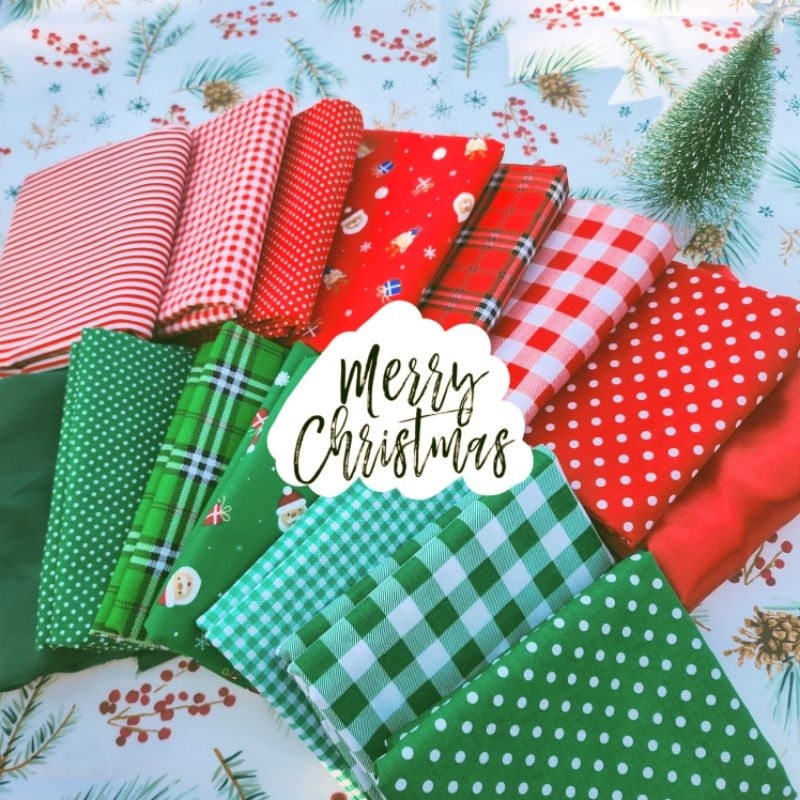 พร้อมส่ง christmas! ผ้าเมตร ผ้ามัน ผ้าคอตตอนทีซี โทเร คริสต์มาส โทนสีเขียว โทนสีแดง ผ้าซับใน สก๊อต จุด ตาราง ผ้าพร๊อพ