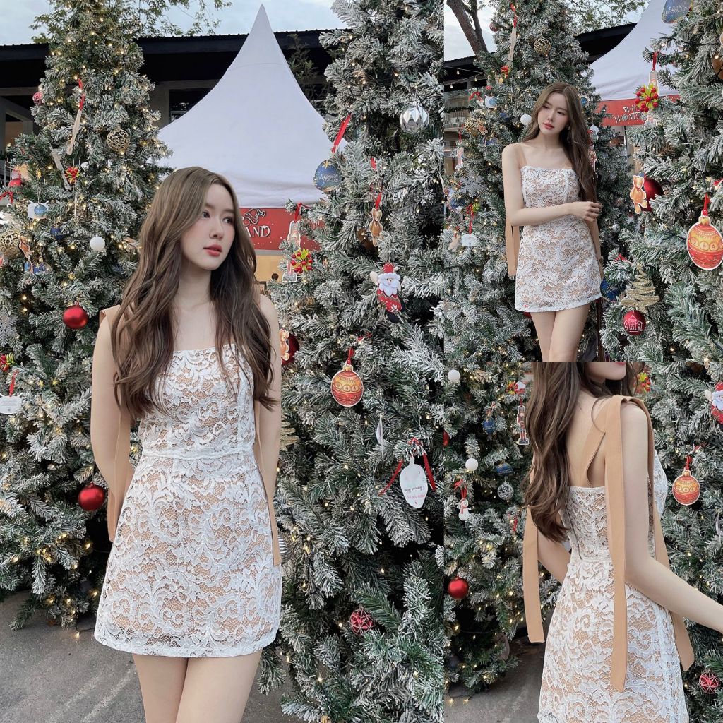 SLYQ MADE ECLAIR LACE BOW SINGET TOP เสื้อครอปลูกไม้สายเดี่ยวผูกโบว์ (เฉพาะเสื้อ ไม่รวมกระโปรง)