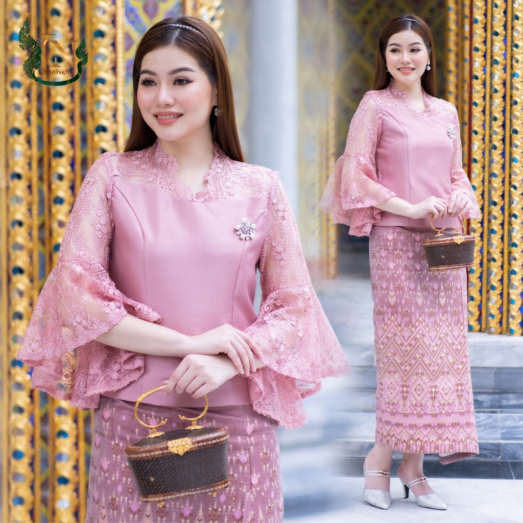 เสื้อไหมญี่ปุ่น แต่งแขนระย้า ผ้าลูกไม้ใยบวบ ชุดออกงาน ชุดไปวัด ชุดทำบุญ ผ้าไหมแพรวา ทอลายกาฬสินธุ์