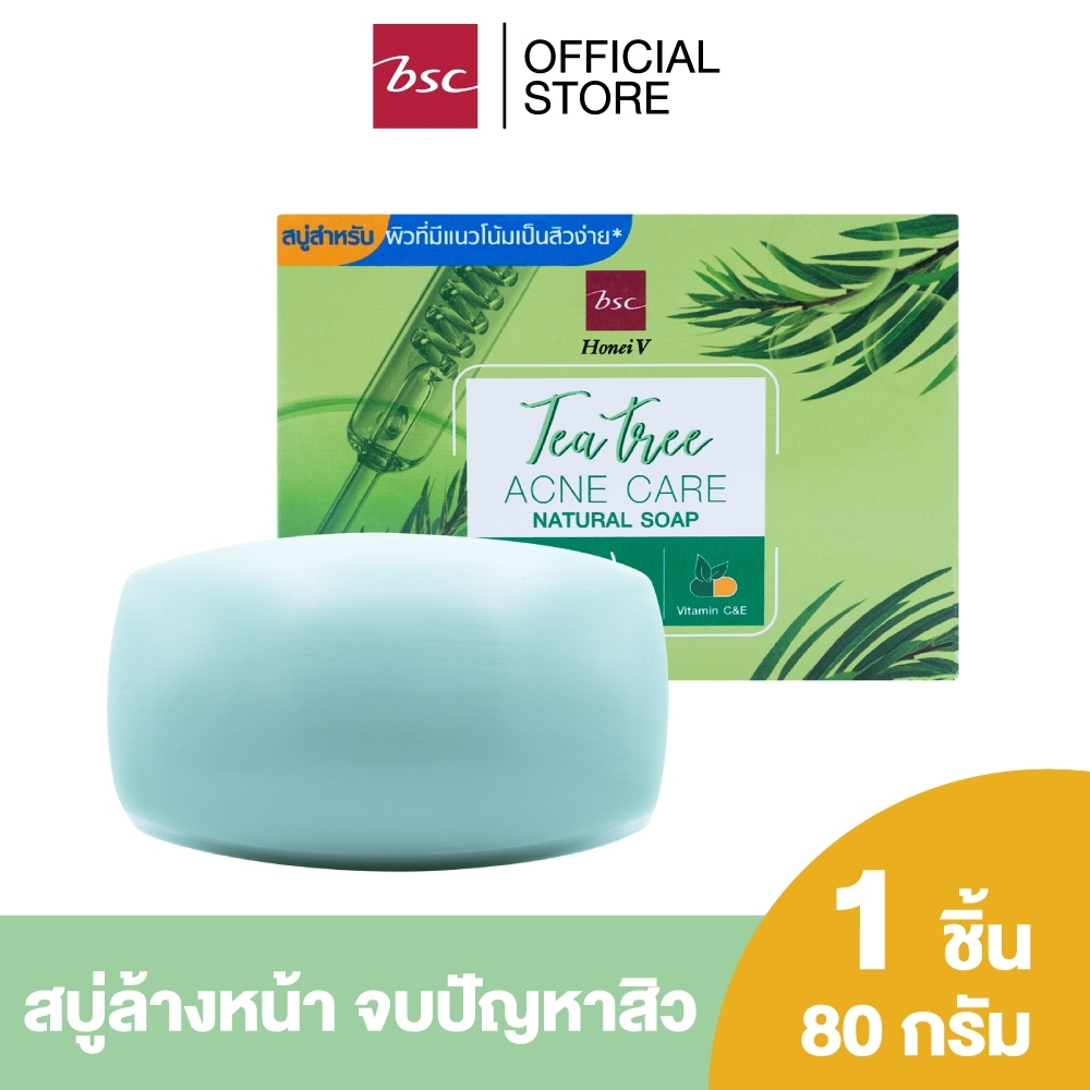 HONEI V BSC TEA TREE  ACNE CARE NATURAL SOAP ฮันนี่ วี บีเอสซี ที ทรี แอคเน่ แคร์ เนเชอรัล โซพ สบู่สูตร Acne Natural Whip  ช่วยทำความสะอาดผิวได้อย่างอ่อนโยน