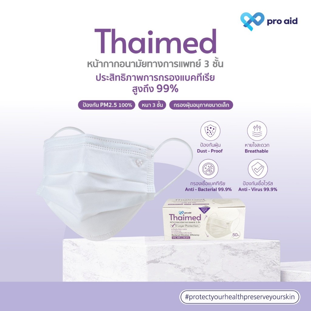 [50 ชิ้นแบบกล่อง] Thaimed by pro aid หน้ากากอนามัยทางการแพทย์ 3 ชั้น SURGICAL MASK 3 PLY SOFT FIT