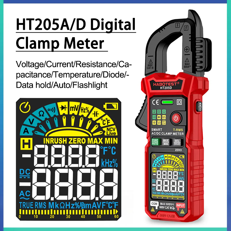 HT205A/HT205D มิเตอร์แคลมป์ดิจิตอล ช่วงอัตโนมัติ RMS จริง มัลติมิเตอร์ การทดสอบอุณหภูมิการไหลของ DC 