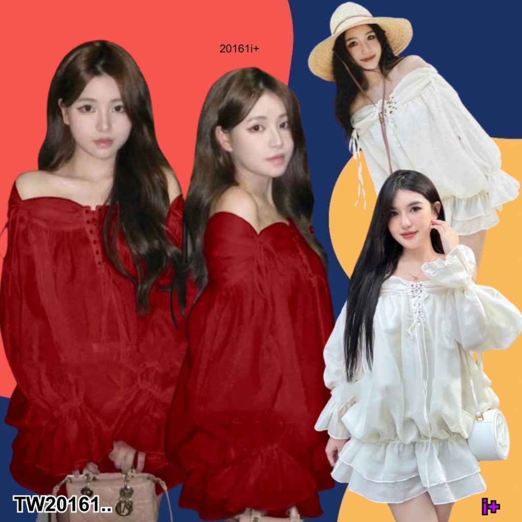 TwinsShopVip พร้อมส่ง TW20161 เดรสสั้นปาดไหล่ ร้อยเชือกหน้า ..