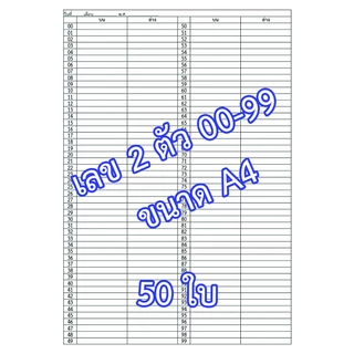 โพยเลข โพยหวย ตาราง เลข 00-99 กระดาษ ขนาด A4 จำนวน 50 / 100 / 200 ใบ บน ล่าง โพยเบอร์