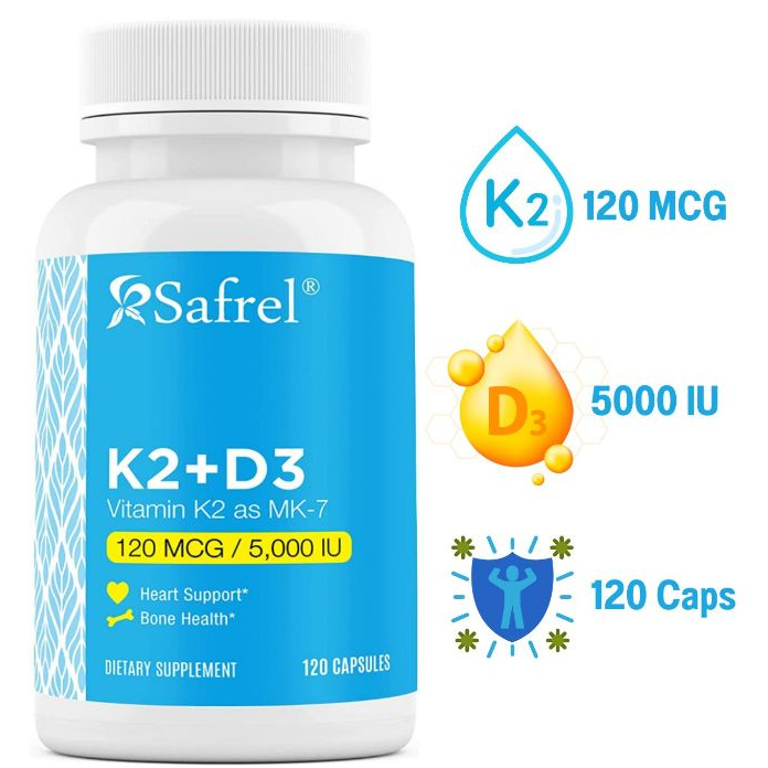 120 เม็ด วิตามินเค 2 + วิตามินดี 3, Safrel Vitamin K2 (MK7) 120 MCG and D3 5000 IU, Supports Calcium Absorption for Bone