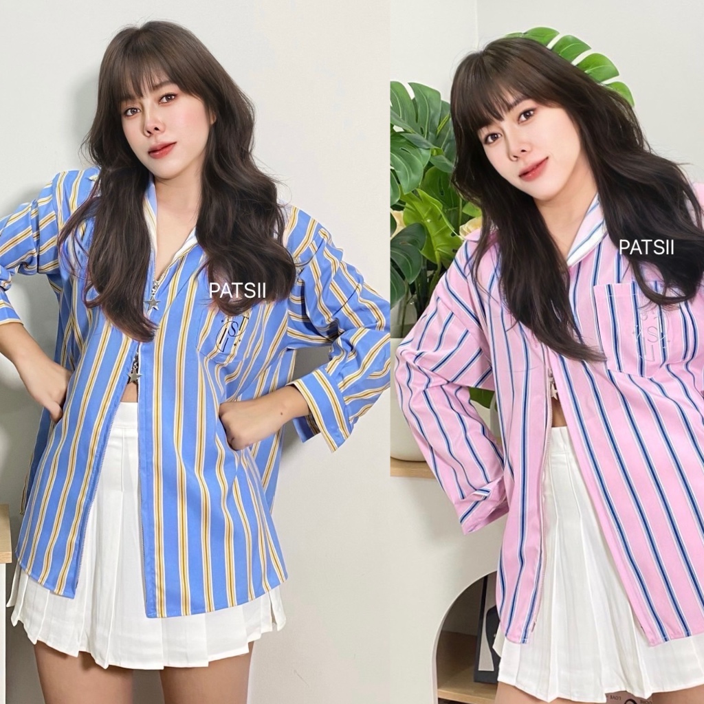 เสื้อเชิ๊ตซิปหน้าแขนยาวลายริ้วปักกระเป๋า
