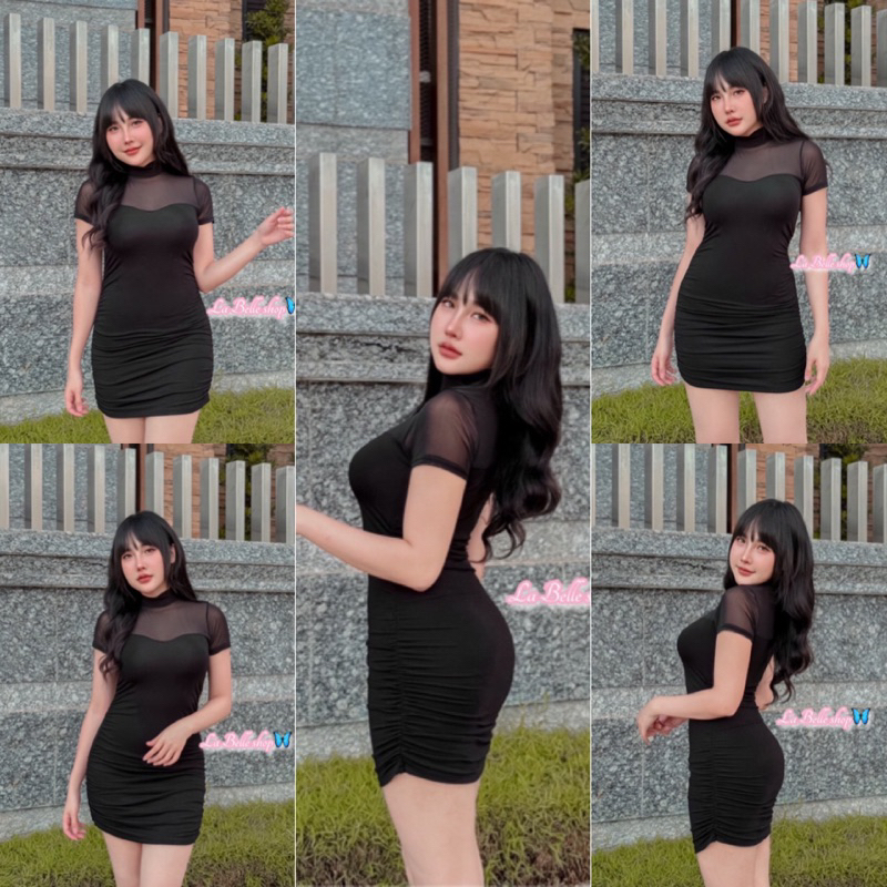 ShopBypuy เดรสซีทรูแซ่บๆหย่นข้าง ผ้าเรย่อน+ซีทรู