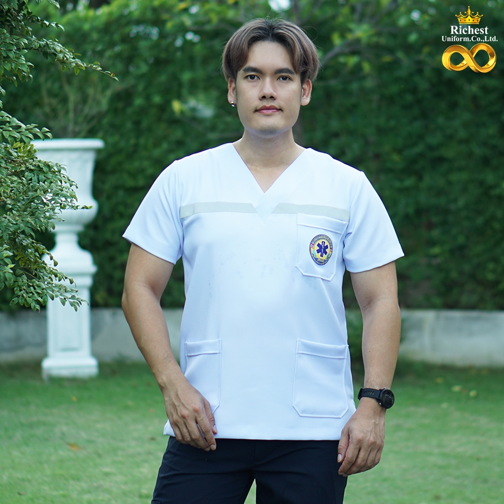 เสื้อสครับ คอวี สีขาว ผ้าวาเลนติโน่ พร้อมแถบสะท้อนแสง ปักโลโก้ สพฉ. ด้านหลัง EMS