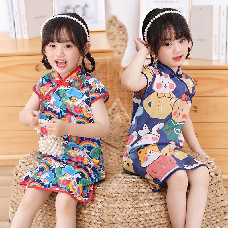 No.2 ชุดกี่เพ้าเด็กผู้หญิง ชุดจีนเด็ก ชุดตรุษจีน พร้อมส่ง ลายเขียวมงคล