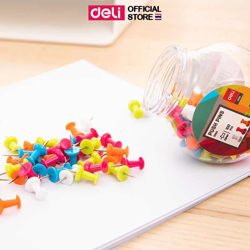 เข็มหมุดปักบอร์ด Deli หมุดปักบอร์ด (บรรจุ100ตัว/กระปุก) หมุดสีเสียบกระดาษ ปักกระดาษ ขนาด 28 mm. อุปกรณ์สำนักงาน