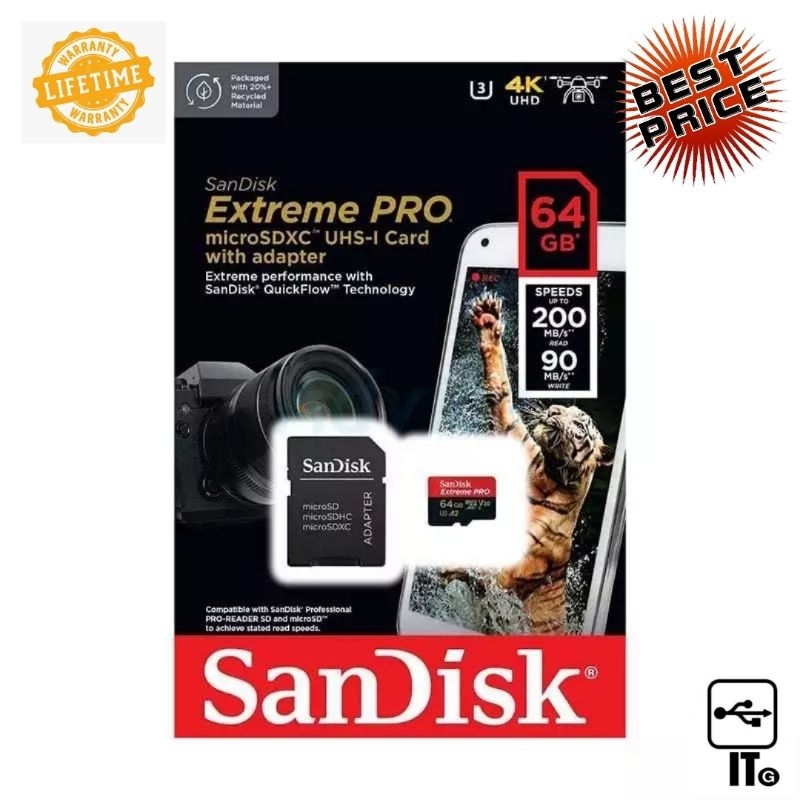 64GB Micro SD Card SANDISK Extreme Pro SDSQXCU-064G-GN6MA (200MB/s.) เมมโมรี่การ์ด ประกัน LT.