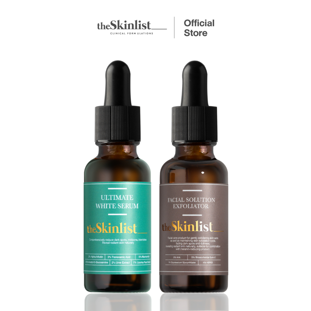 SET ฝ้า รอยสิว จุดด่างดำ ( ผิวแพ้ง่าย )The Skinlist Ultimate White Serum + The Skinlist Facial Solution Exfoliator 30 g
