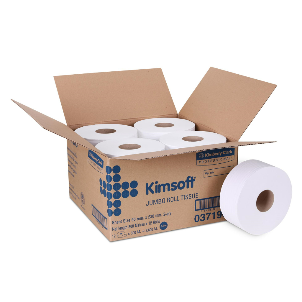 KIMSOFT กระดาษชำระม้วนใหญ่ คิมซอฟต์ จัมโบ้ โรล ทิชชู่ หนา 2 ชั้น รหัสสินค้า 03719 สินค้าคิมเบอร์ลี่ย์-คล๊าค 12 ม้วน 300