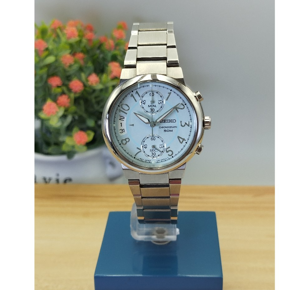 SEIKO Japan นาฬิกาข้อมือผู้หญิง นาฬิกาจับเวลา หน้าสีฟ้าน้ำทะเล รับประกัน1 ปี