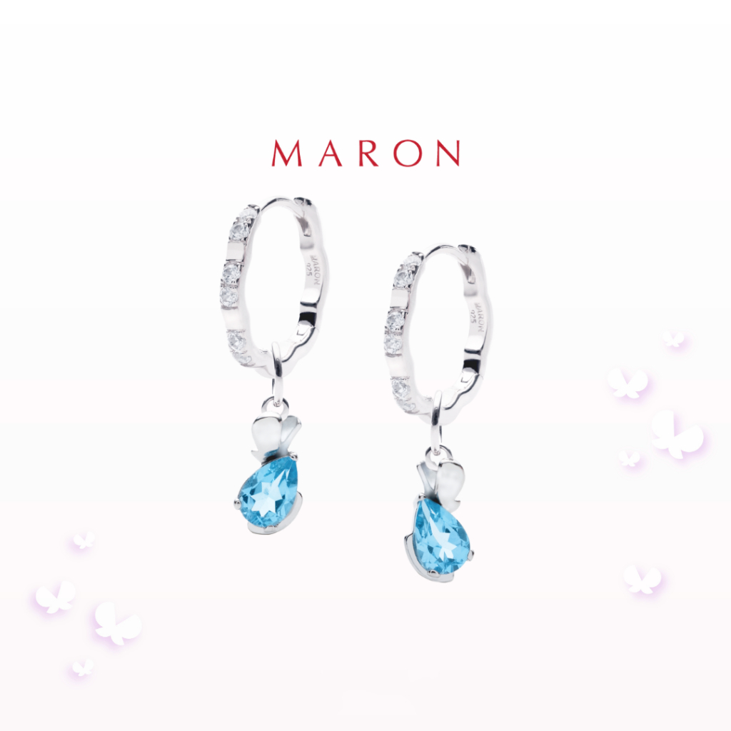 MARON - Happy Dream Pear Dangle Earring with Swiss Blue Topaz ชุบ White Gold ต่างหูพลอยโทแพซสีฟ้า นิ