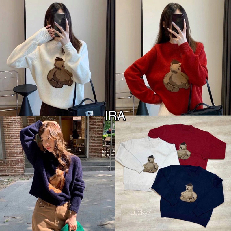 BY IRA Sweater เสื้อกันหนาวแขนยาว ลายหมีน้อยนําโชค เข้ากับทุกการแต่งกาย แฟชั่นฤดูใบไม้ร่วง และฤดูหนาว