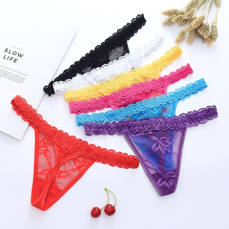 E44 กางเกงในจีสตริง ผ้าซีทรู ลูกไม้ เซ็กซี่ สีพื้น พร้อมส่ง