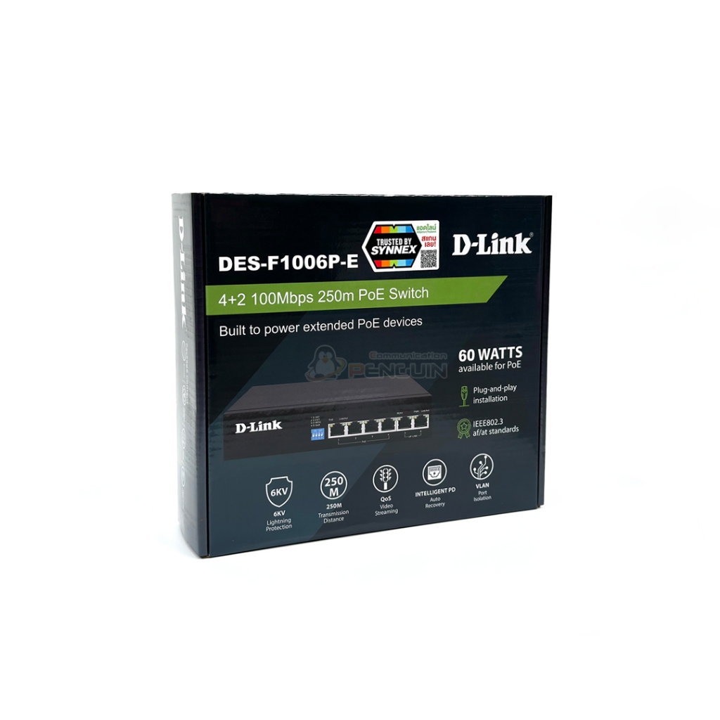 PoE Switch/Hub 6 Port 250 เมตร (4 PoE + 2 Uplink) D-Link รุ่น DES-F1006P-E