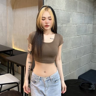 🌈SpinnyHouse🌈เสื้อครอปแขนสั้น ทรงคอเหลี่ยม สาวอวบใส่ได้ 🥧เบสิคครอปสุด ผ้าเรย่อนยืดเยอะ ทรงนี้คือฮิตม้าก รุ่น นิตยา