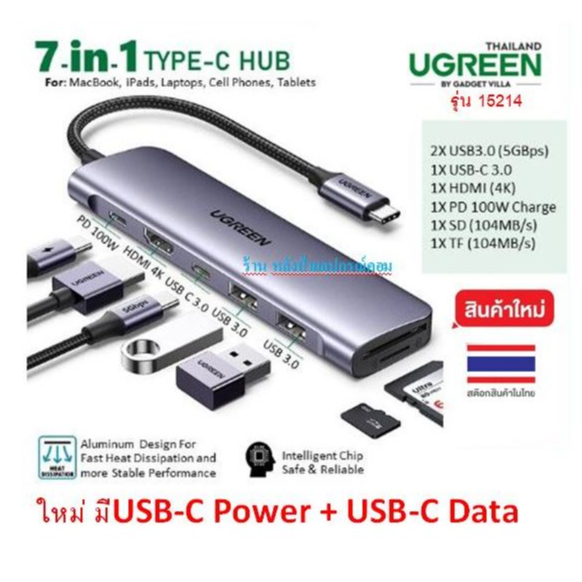 [กทม.ส่งทันที] UGREEN USB-C 7in1 Multifunctional Adapter ตัวแปลง Hub, SD TF Dock HDMI 4K, รุ่น 15214