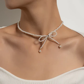 พร้อมส่ง🎀สร้อยไข่มุกตรงกลางโบว์ ดีไซน์เพชร น่ารักมาก