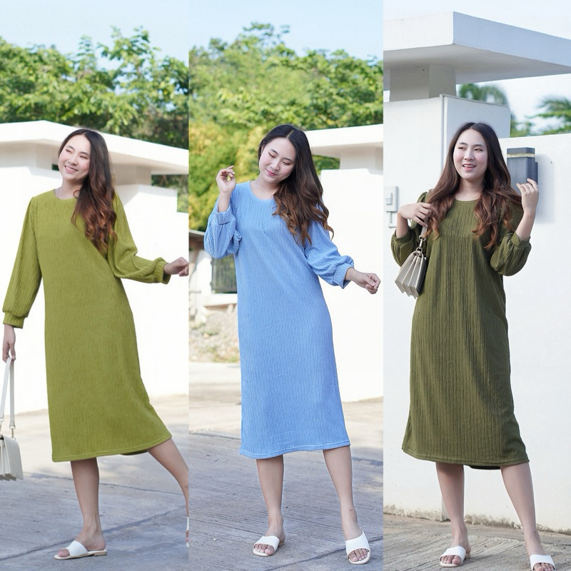 ชุดเดรสคอกลม แขนยาว ผ้าท็อฟฟี่ ทรงมินิมอล เกาหลีสาว อวบใส่ได้