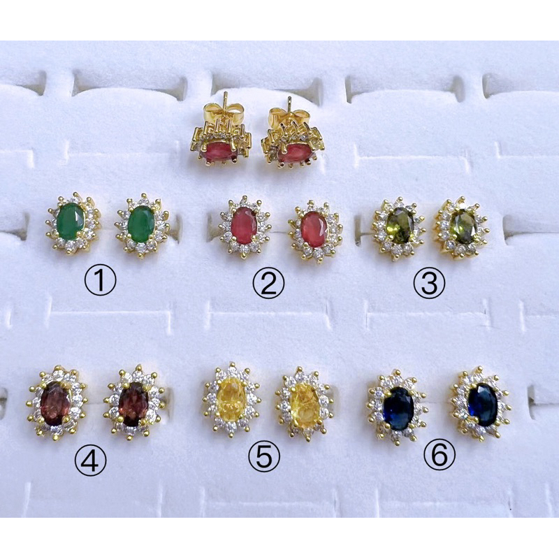 019ต่างหูทองฝังพลอยล้อมเพชร ปักก้าน งานสวย ใส่ออกงานได้ ใส่อาบน้ำได้