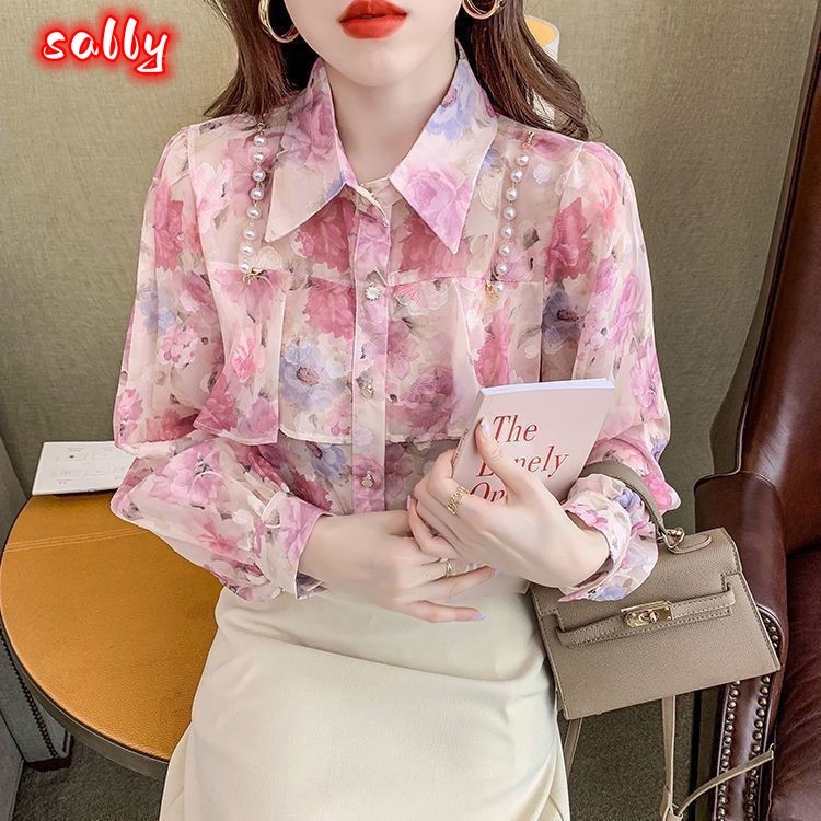 Sally สไตล์ผู้หญิง เสื้อเชิ้ต แขนพัฟ พิมพ์ลายดอกไม้ ไข่มุก หวานสวย สดชื่น การเดินทางที่เรียบง่าย