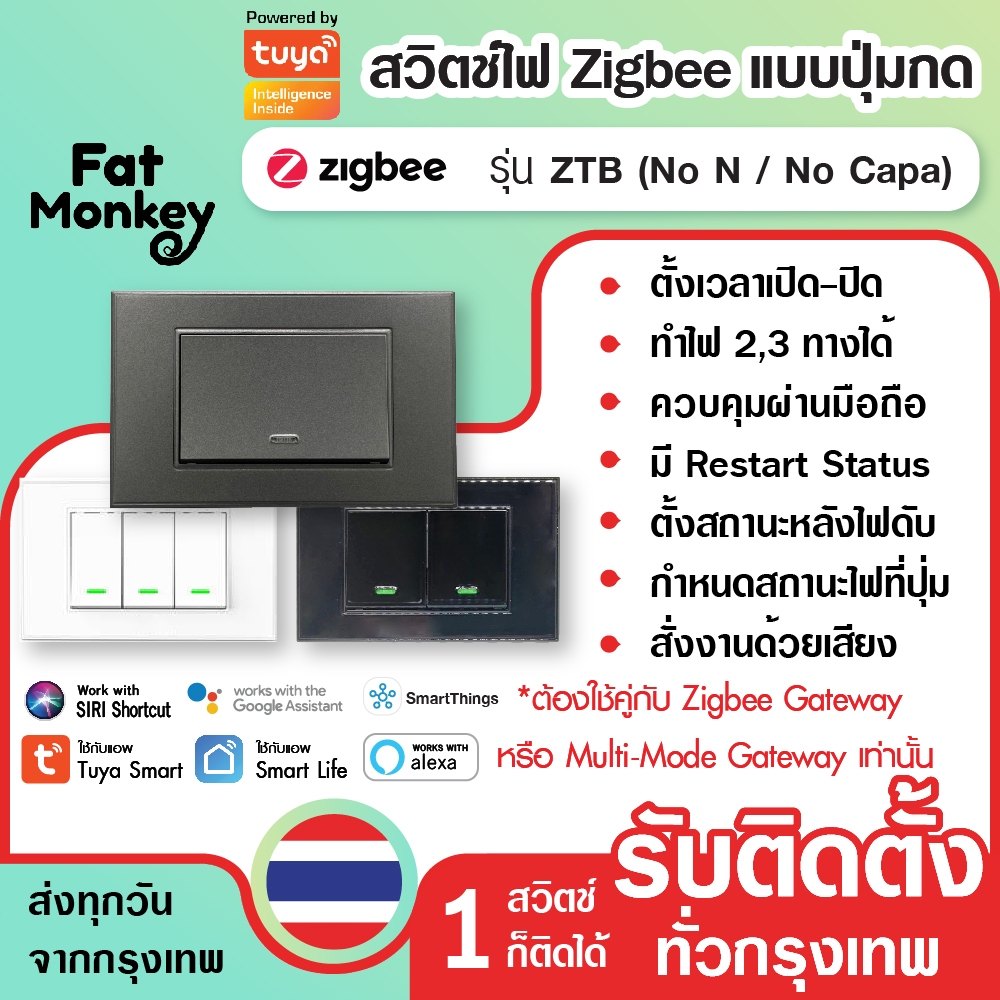 (รับประกัน 1 ปี) สวิตช์ไฟ Zigbee ไม่ใช้นิวตรอน ไม่ใช้คาปา (N Option) แบบปุ่มกด รุ่น ZTB