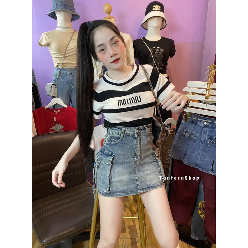 cha-nee shop 5782#กระโปรงกางเกงยีนส์ผ้ายืดสั้นทรงคาร์โก้