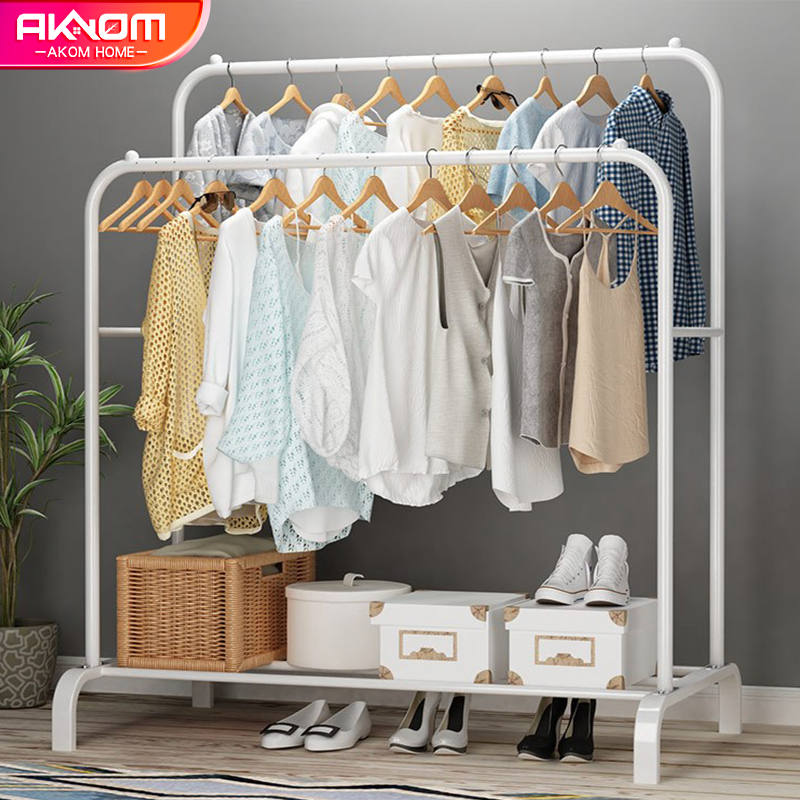 AKOM [ตะขอเเขวนหมวก] ราวเเขวนผ้า บาร์คู่ มีชั้นวางของที่เเขวนหมวก โครงเหล็ก ราวมินิมอล ราวตากผ้า พร้อมส่ง
