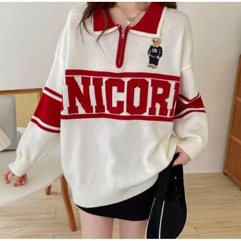 พร้อมส่ง เสื้อไหมพรมแขนยาวคอปกมีซิปหน้าทอลายน้องหมีสุดน่ารักงานตามหางานป้าย y.p.y