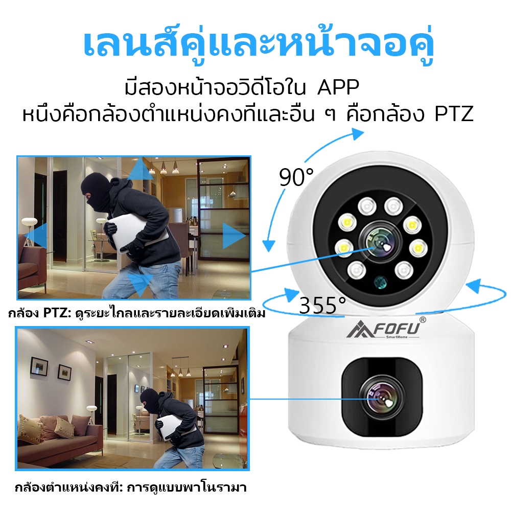 FOFU 8MP กล้องวงจรปิด เลนส์คู่ dual lens wifi IP Camera 8ล้านพิกเซล ชัดกลางวัน-กลางคืน รับชมสองพื้นที่ในเวลาเดียวกัน