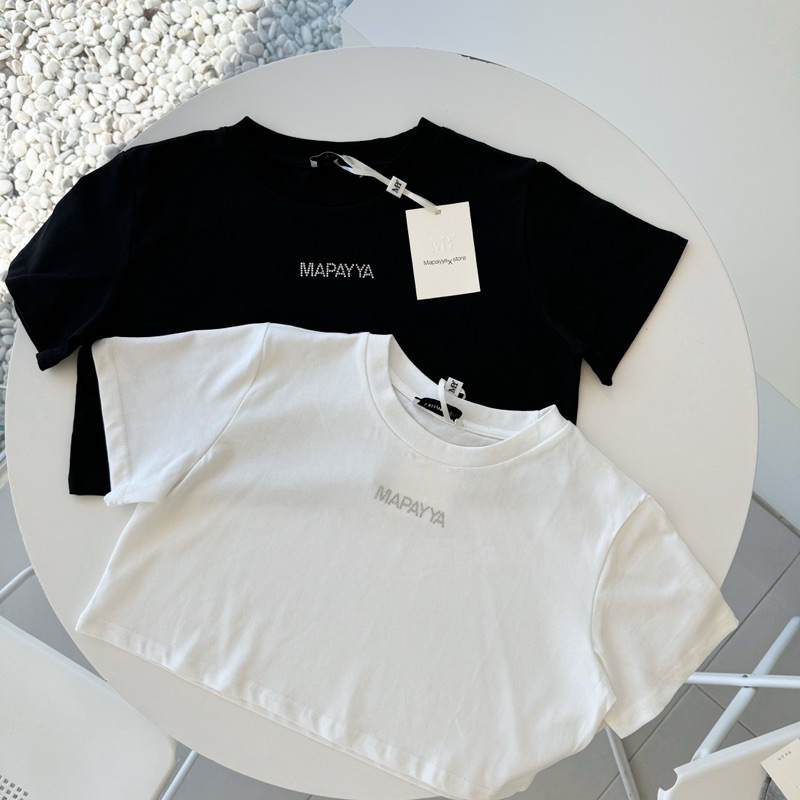 Mapayyaxstore : ครอปเกาหลี ติดอักษรเพชร ผ้าคอตตอนผ้าดีมาก 🫶🏻💖