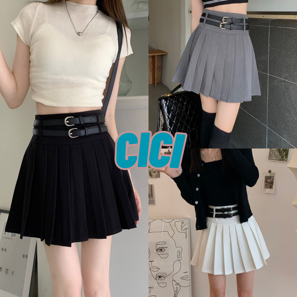 ส่งทันที Cici(NO. 913)กระโปรงพลีทสั้น เอวสูงแถมเข็มขัดให้ 2 เส้น สไลต์เกาหลี