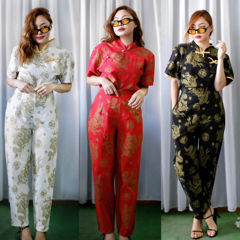 ชุดเซ็ทเสื้อคอจีน+กางเกงขายาวเอวสูง ลายมังกรทอง